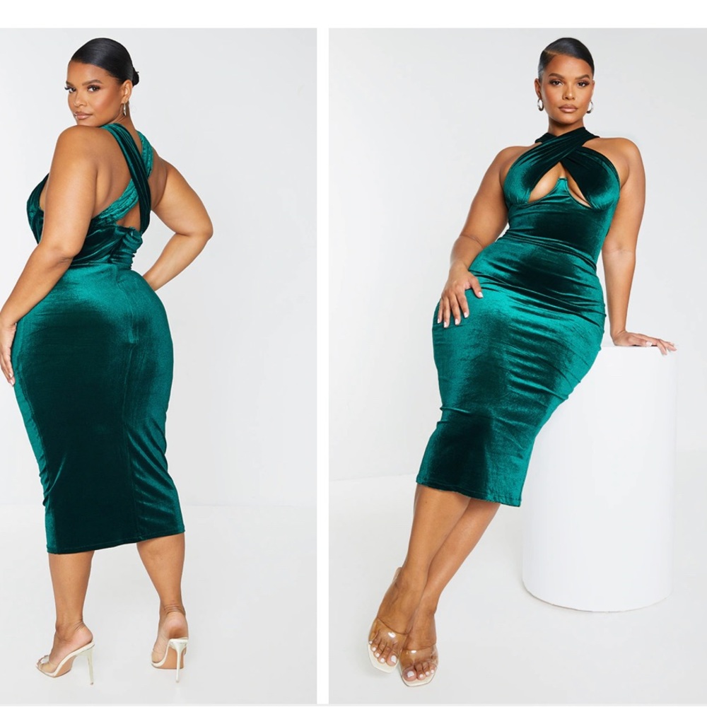 Plus emerald green velvet underwire midi dress